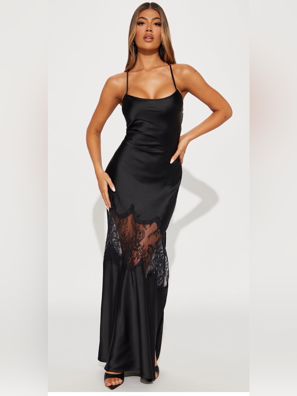 Fashion Nova Black Satin Lace Maxi Dress – Size XS